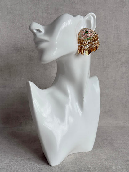 Ayura Designs Rozina Earrings – Floral Meenakari Earrings with Emerald Green Centre Stone, Pearl Clusters & Gold Leaf Charms