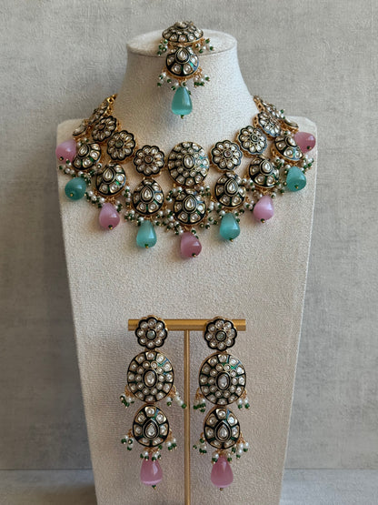 Ayura Designs Sumaira Set with Passa – Necklace, Earrings, Tikka & Passa with Kundan, Green Meenakari Detailing & Aqua-Pink Drops