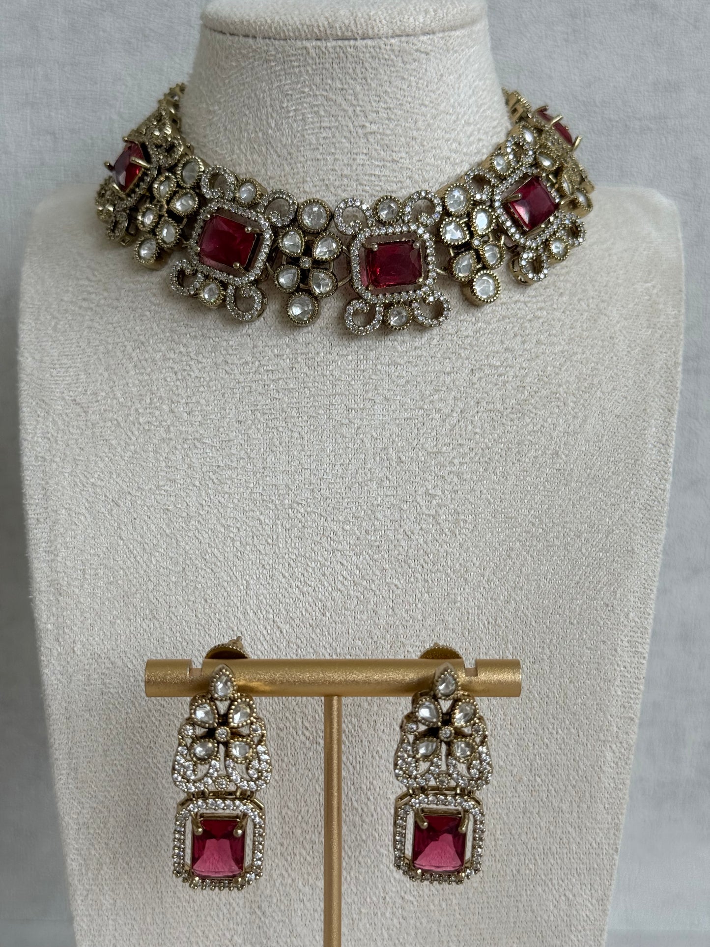 Ayura Designs Celine Necklace Set with Earrings – Moissanite Ruby Rose Statement Set