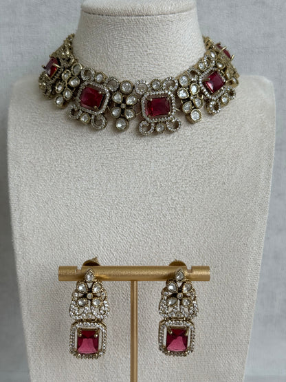 Ayura Designs Celine Necklace Set with Earrings – Moissanite Ruby Rose Statement Set