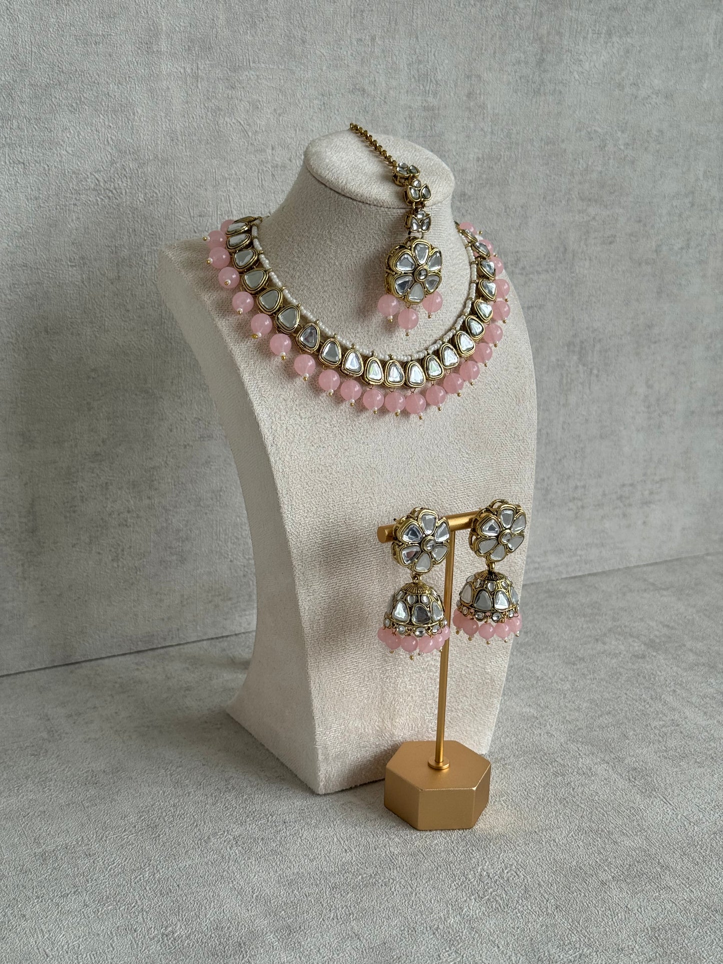Ayura Designs Mishal Set with Jhumkis & Tikka – Blush Pink Beads & Mirror-Cut Stones
