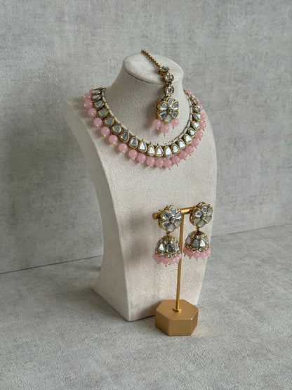 Ayura Designs Mishal Set with Jhumkis & Tikka – Blush Pink Beads & Mirror-Cut Stones