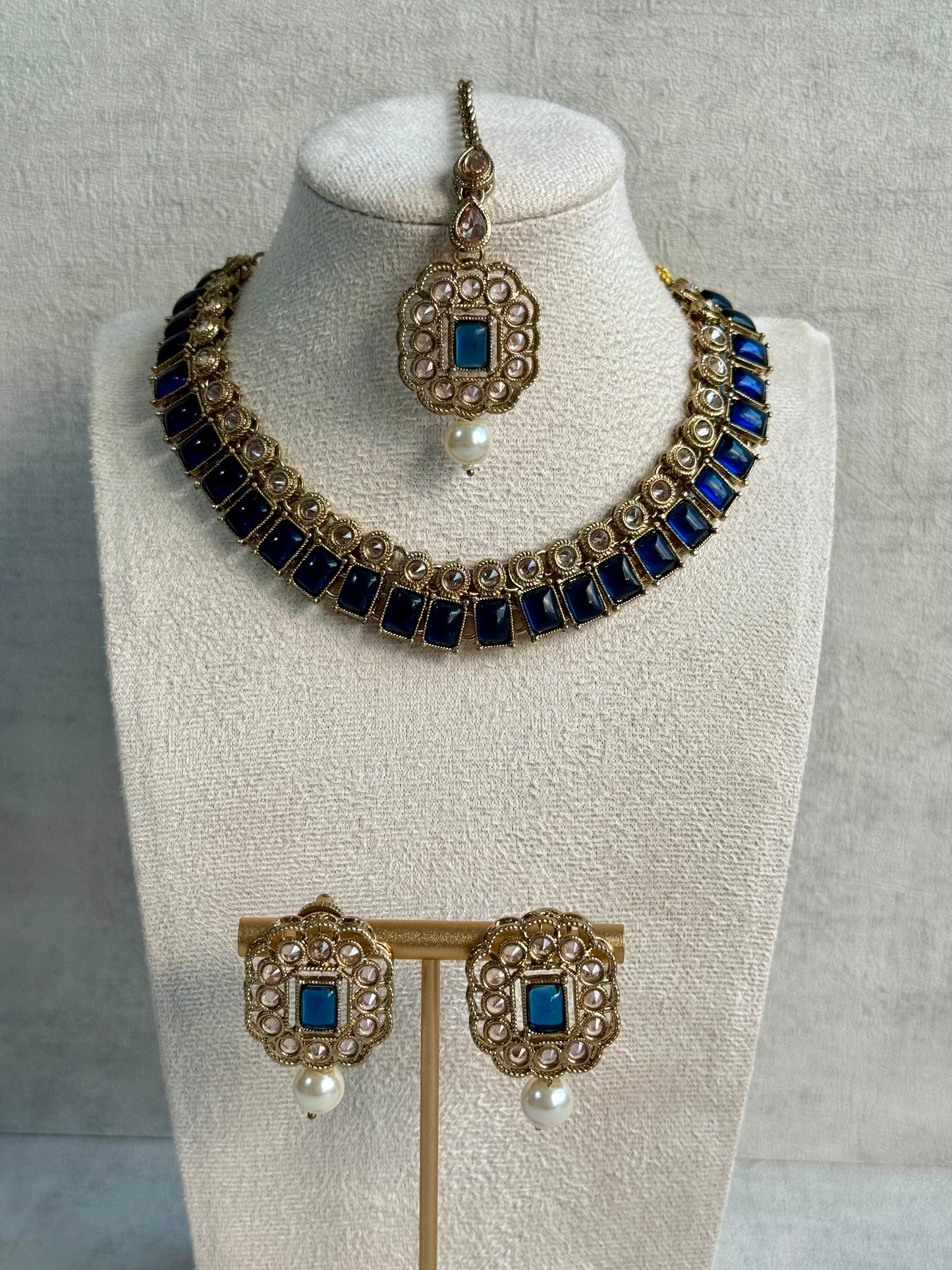 Ayura Designs Dania Set with Necklace, Stud Earrings & Tikka – Midnight Blue Stones, Pearl Drops & Antique Gold Finish