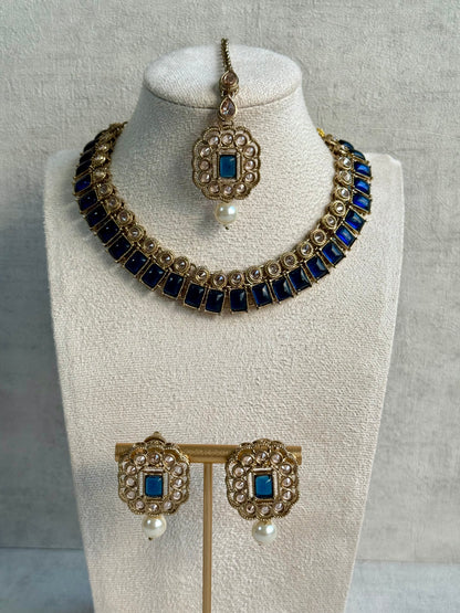 Ayura Designs Dania Set with Necklace, Stud Earrings & Tikka – Midnight Blue Stones, Pearl Drops & Antique Gold Finish