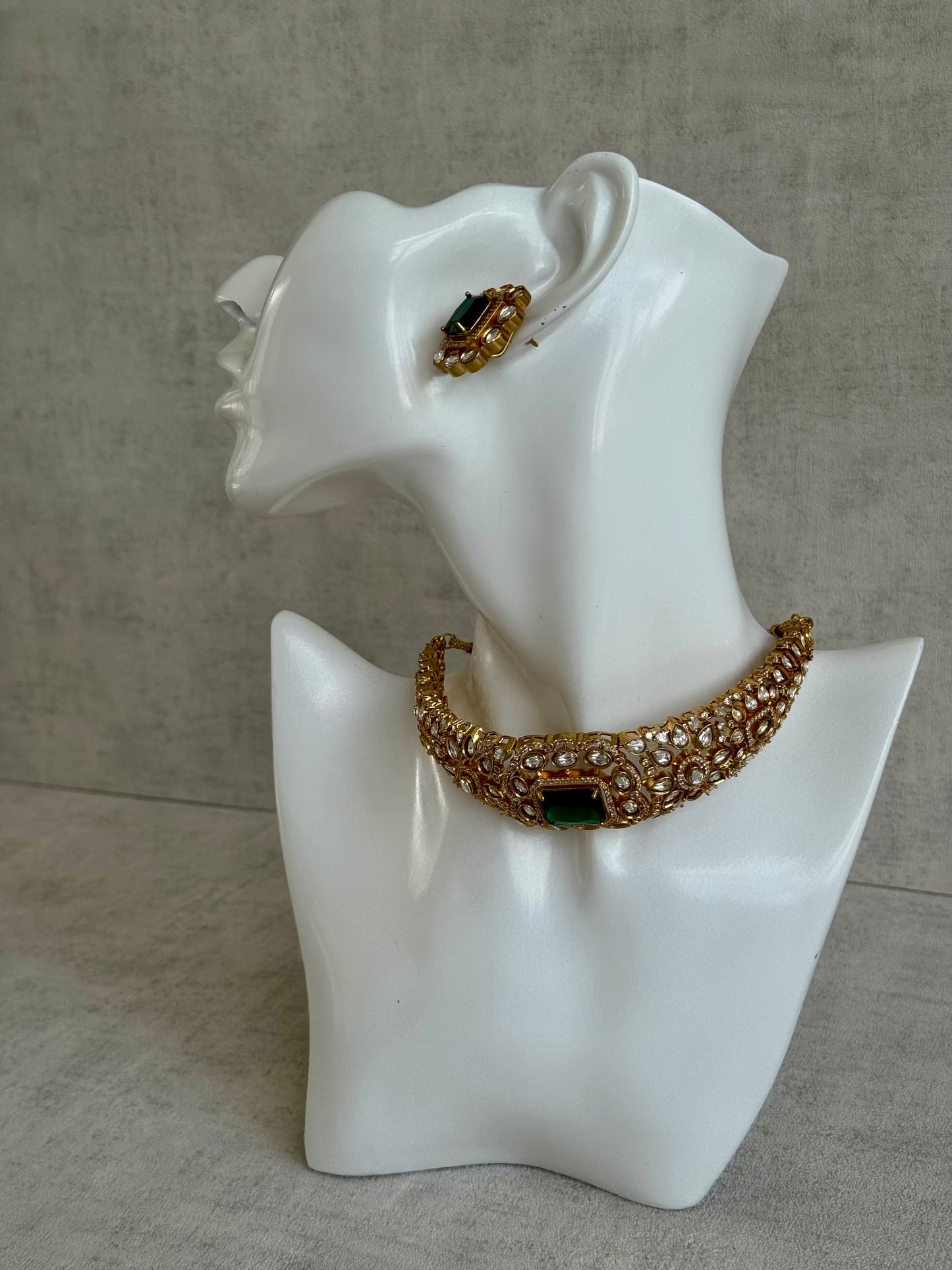 Ayura Designs Akasha Choker Set with Stud Earrings – Emerald Green Moissanite Stones & Antique Gold Finish