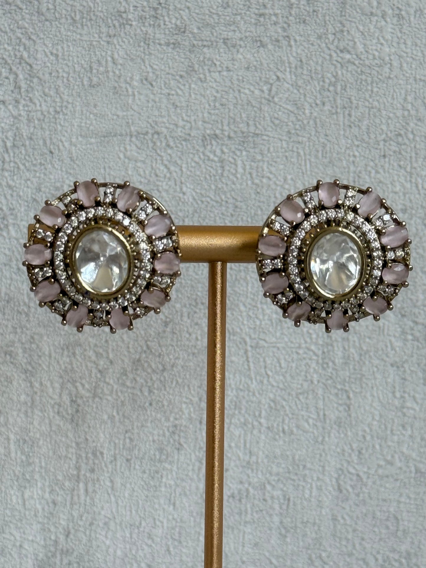 Ayura Designs Genevieve Choker Set with Studs – Blush Pink Crystal Kundan in Antique Gold