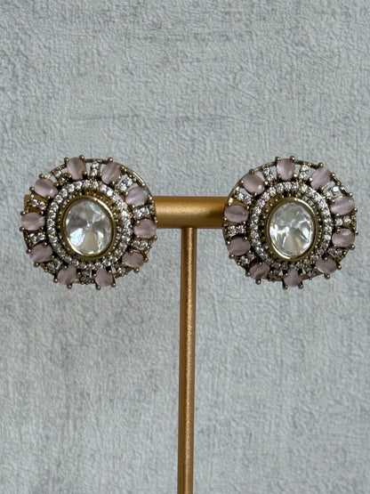 Ayura Designs Genevieve Choker Set with Studs – Blush Pink Crystal Kundan in Antique Gold