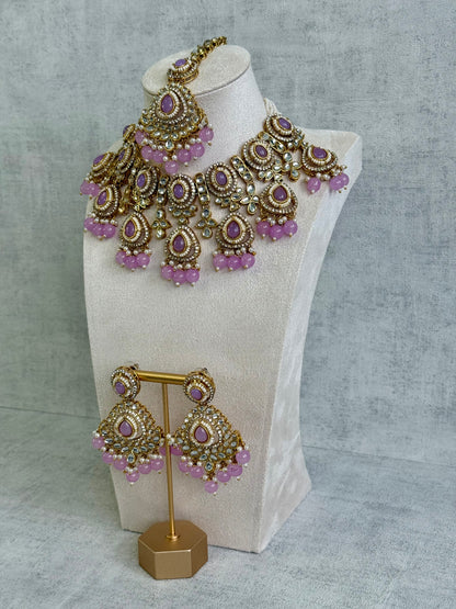 Ayura Designs Janvi Set with Necklace, Earrings & Tikka – Kundan Detailing, Lilac Beads & Ivory Pearl Drops
