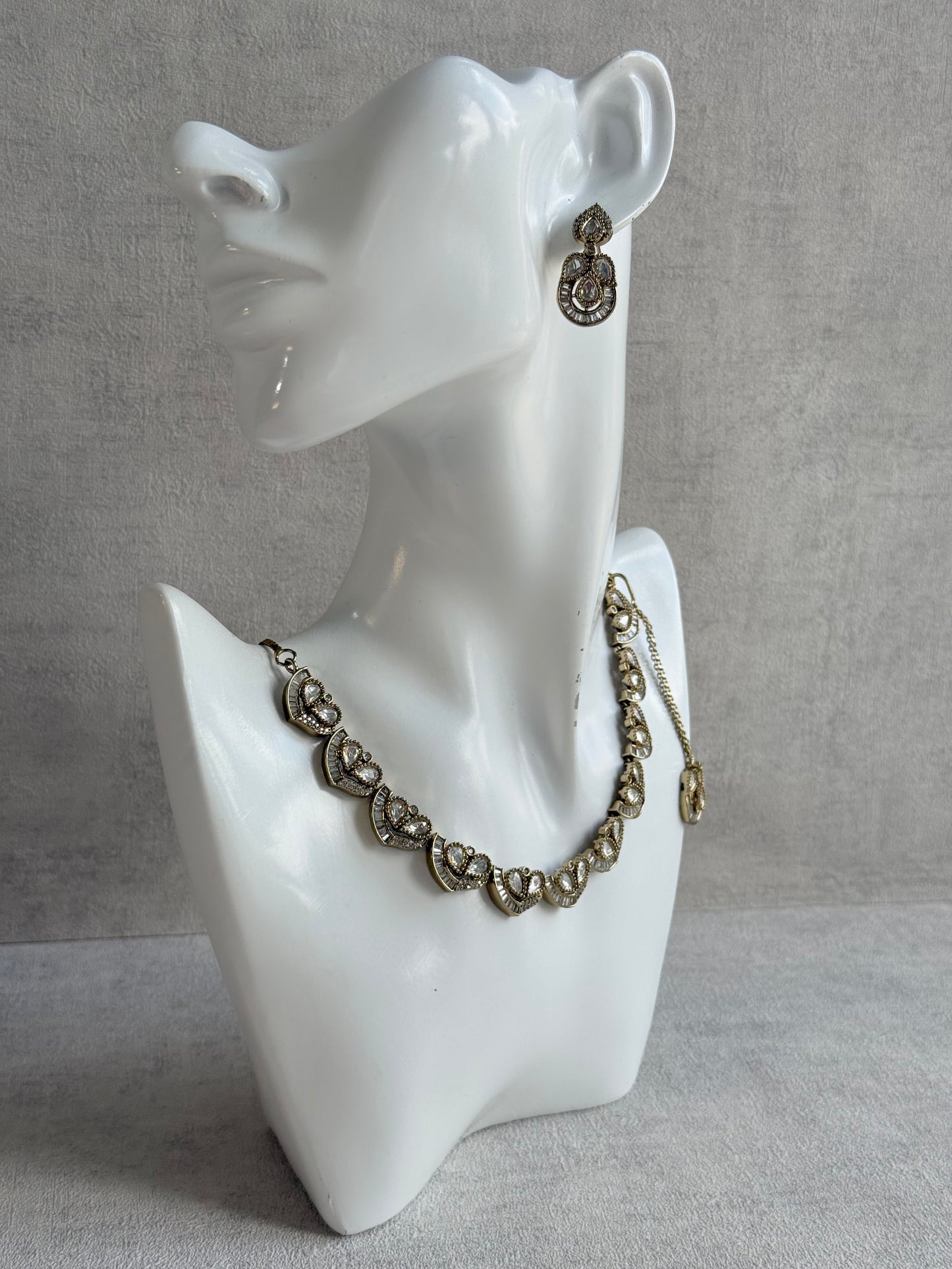 Ayura Designs Katalina Necklace Set with Earrings & Tikka – Crystal Detailing & Antique Gold Finish
