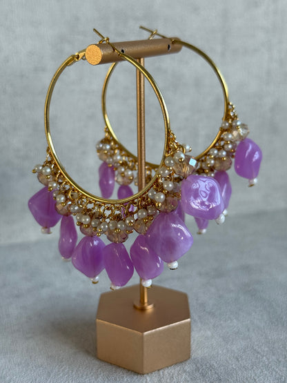 Ayura Designs Heer Balis – Gold Hoops with Lilac Marble Beads, Pearls & Crystal Detailing