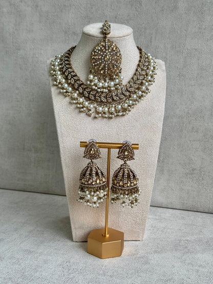 Ayura Designs Zohra Set – Exquisite Gold Ensemble Adorned with Polkis & Pearls | Includes Jhumkis & Tikka