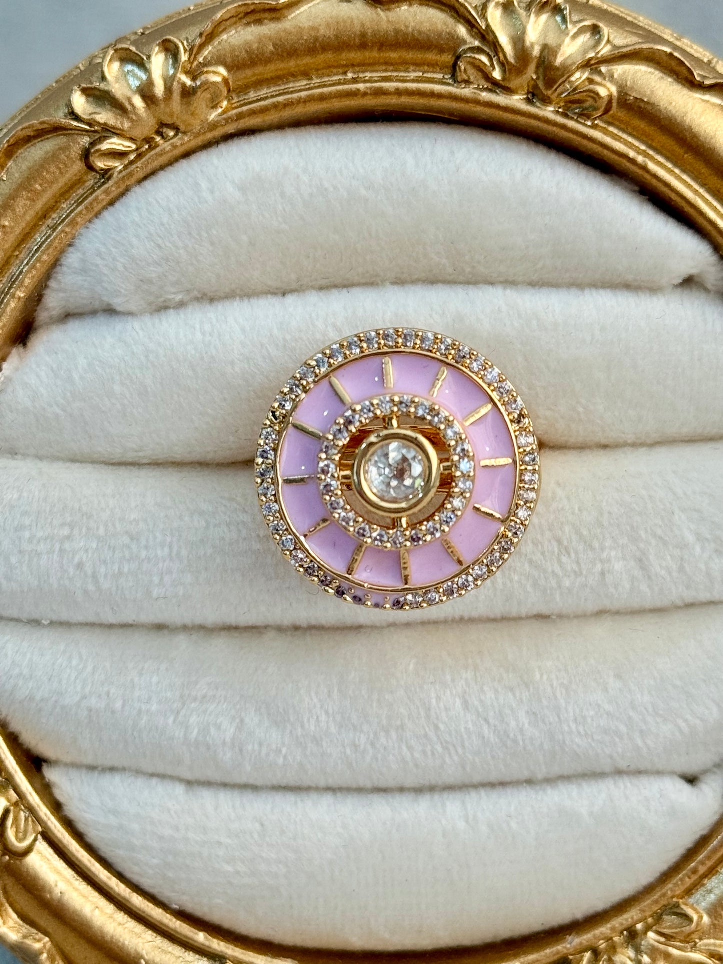 Ayura Designs Maisie Adjustable Ring – Blush Pink Enamel with Crystal Border & Moissanite Centre