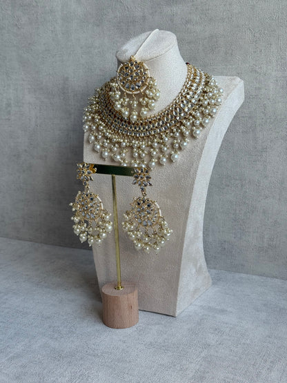 Ayura Designs Fakhra Set with Necklace, Earrings & Tikka – Mirror-Cut Stones, Pearl Detailing & Gold Finish