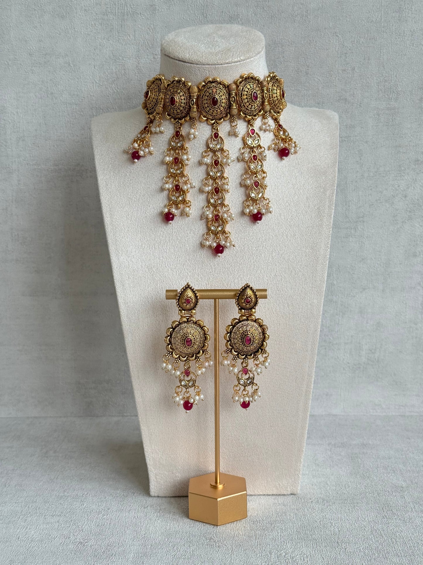 Ayura Designs Kabini Choker Set with Earrings – Gold Kundan Waterfall Choker with Ruby Pink Beads & Pearls