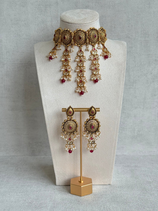 Ayura Designs Kabini Choker Set with Earrings – Gold Kundan Waterfall Choker with Ruby Pink Beads & Pearls