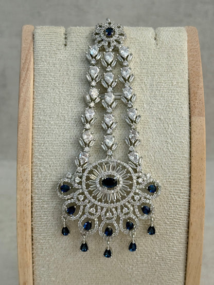 Ayura Designs Anna Jhoomar Passa – Silver Finish with Sapphire Blue Stones & Crystal Detailing