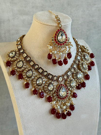 Ayura Designs Ishyat Set with Necklace, Earrings & Tikka – Kundan Detailing, Ruby Red Drops & Ivory Pearls