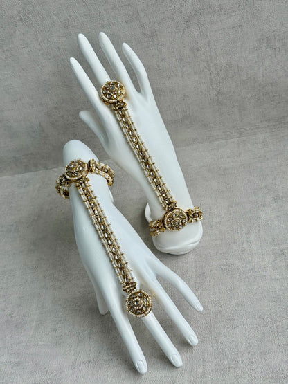 Ayura Designs Mirana Haathphool – Kundan Hand Harness with Pearl Detailing in Antique Gold Finish