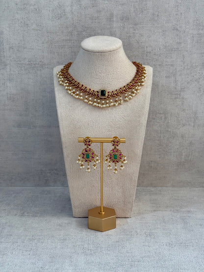 Ayura Designs Chahat Set – Necklace & Earrings with Rani Pink Meenakari, Kundan Stones, Emerald Accents & Pearl Detailing