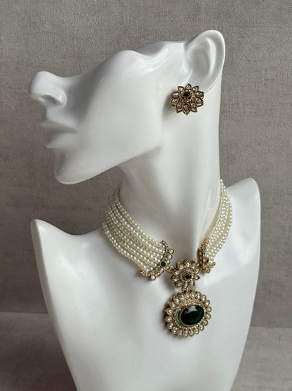 Ayura Designs Amaya Necklace Set with Studs – Antique Finish in Emerald Green Stones with Pearl Strands