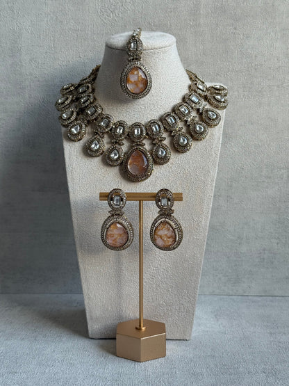Ayura Designs Aurora Set with Earrings & Tikka – Peach & Ivory Stone with Mirror-Cut Accents in Antique Gold Finish