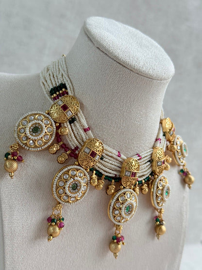 Ayura Designs Kesar Necklace Set with Jhumkis – Multi-Strand Pearl Design, Kundan, Rani Pink & Green Stones & Gold Finish