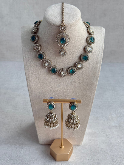 Ayura Designs Eira Necklace Set with Earrings & Tikka – Teal & Crystal Stones with Antique Gold Finish