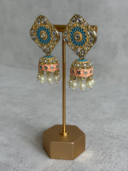 Ayura Designs Rangoli Jhumkis – Aqua Blue & Peach Meenakari with Pearl Drops in Antique Gold Finish