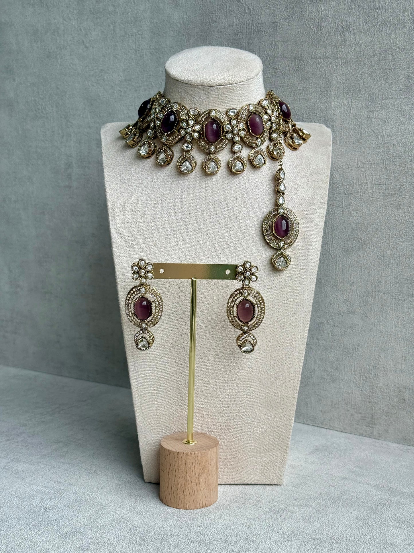 Ayura Designs Emanya Choker Set – Choker, Earrings & Tikka with Mirror-Cut Stones, Plum Mauve & Antique Gold Detailing