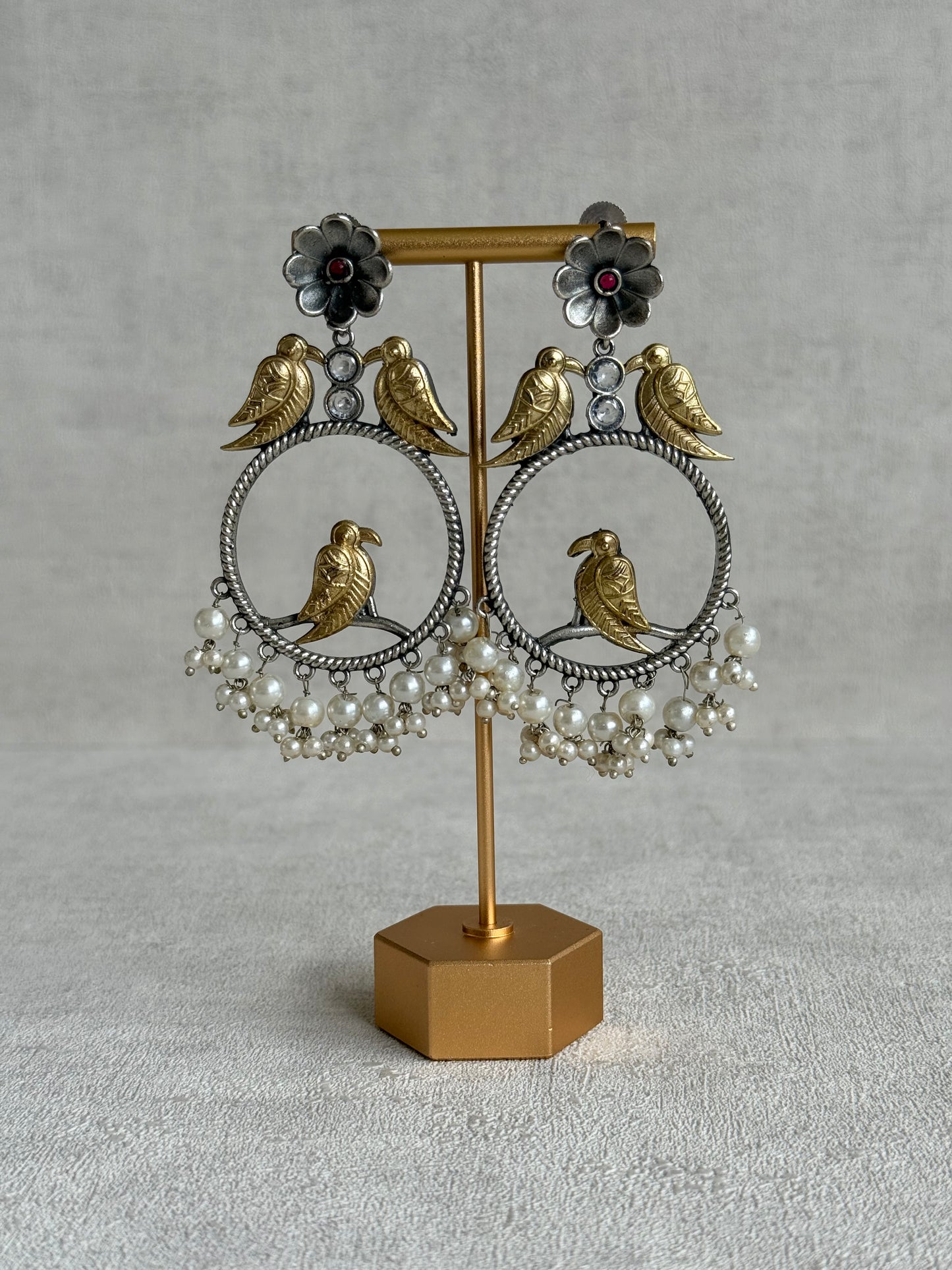 Ayura Designs Wasl Earrings – Dual Tone Oxidised Bird Hoop Earrings with Pearl Clusters