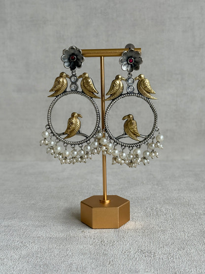 Ayura Designs Wasl Earrings – Dual Tone Oxidised Bird Hoop Earrings with Pearl Clusters