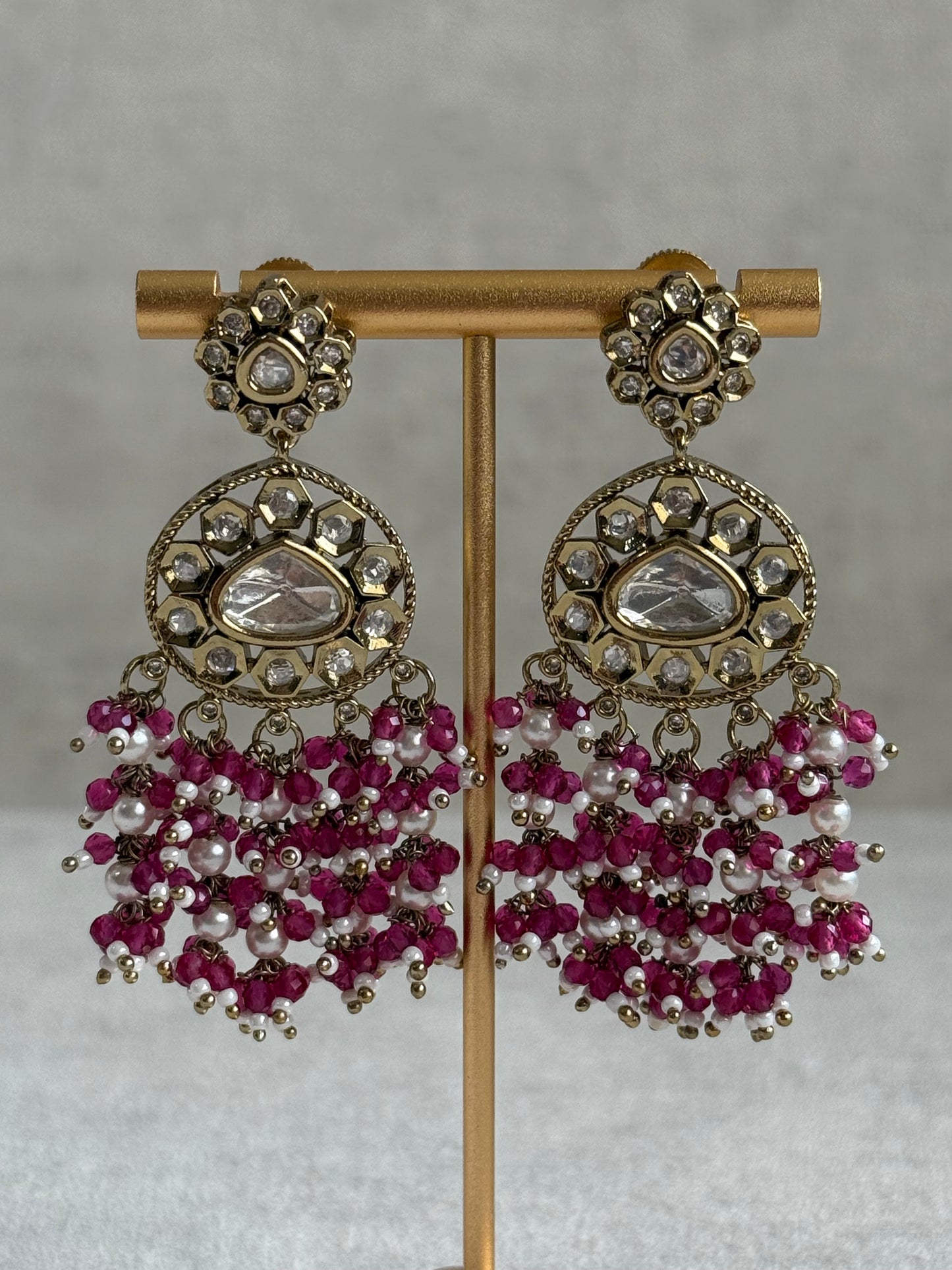Ayura Designs Sienna Set – Long Layered Necklace & Earrings with Berry Pink Beads, Mirror-Cut Kundan & Pearl Detailing