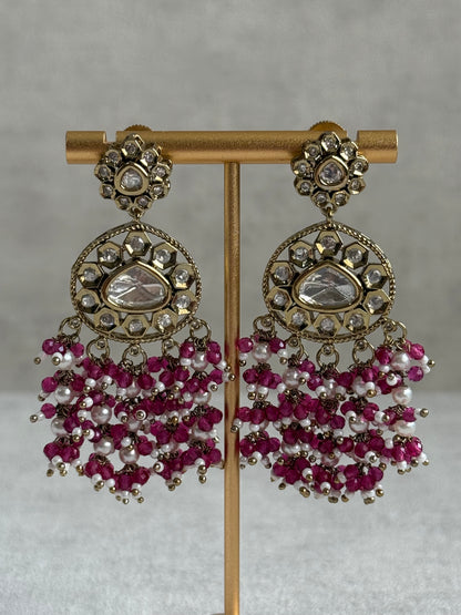 Ayura Designs Sienna Set – Long Layered Necklace & Earrings with Berry Pink Beads, Mirror-Cut Kundan & Pearl Detailing