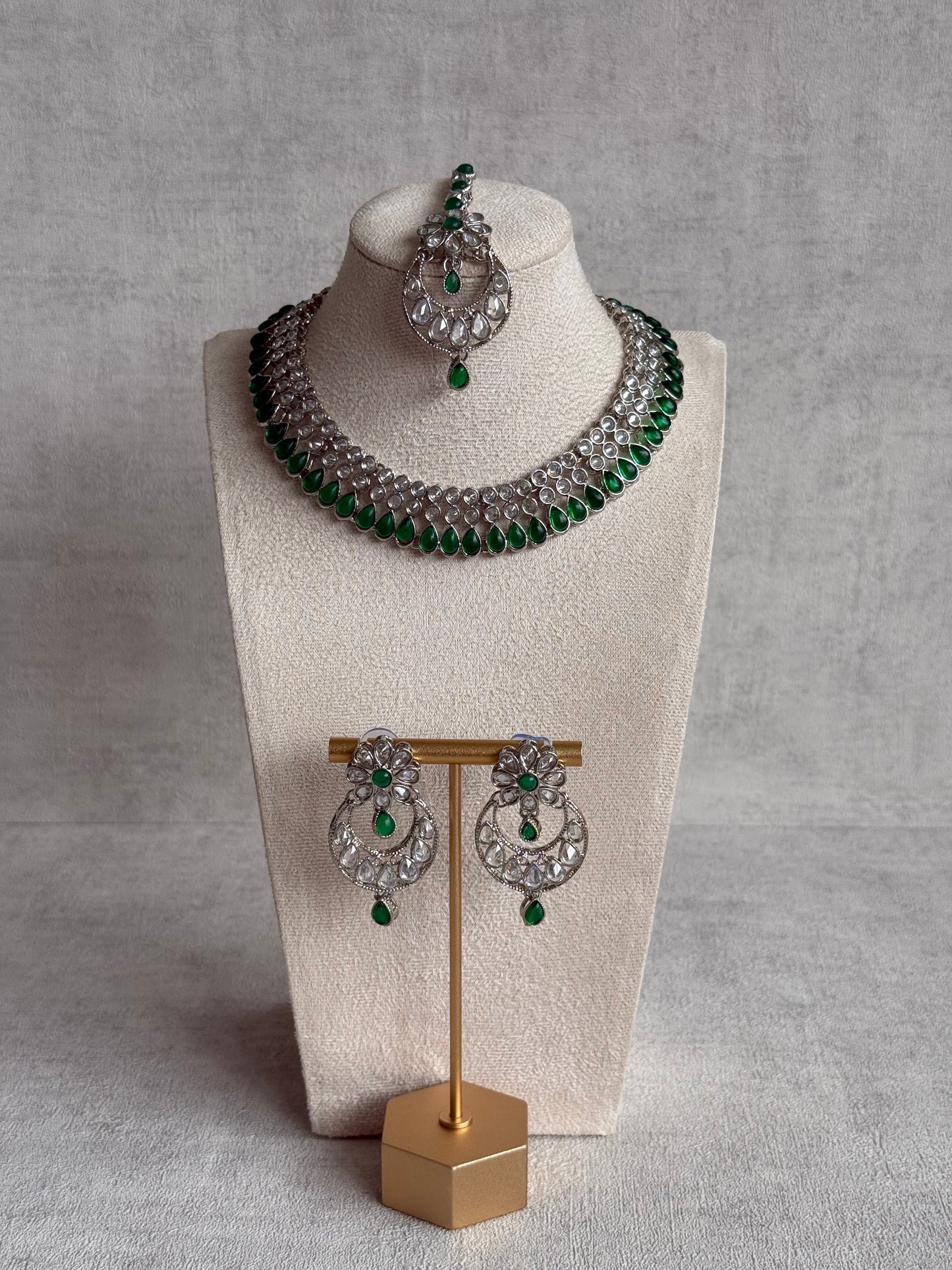 Ayura Designs Qirat Set with Necklace, Earrings & Tikka – Mirror-Cut Stones with Emerald Green Detailing in Silver Finish