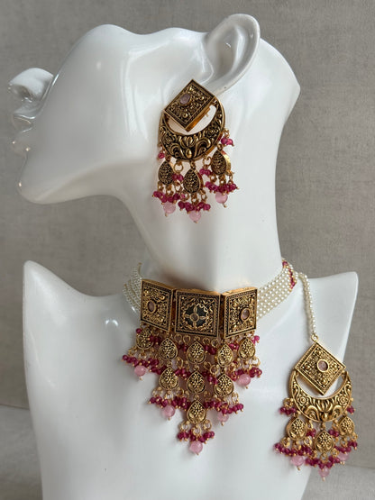 Ayura Designs Samera Choker Set with Earrings & Tikka – Rani Pink & Blush Pink Beads, Green Centre Stone, Floral Motifs & Antique Gold Finish