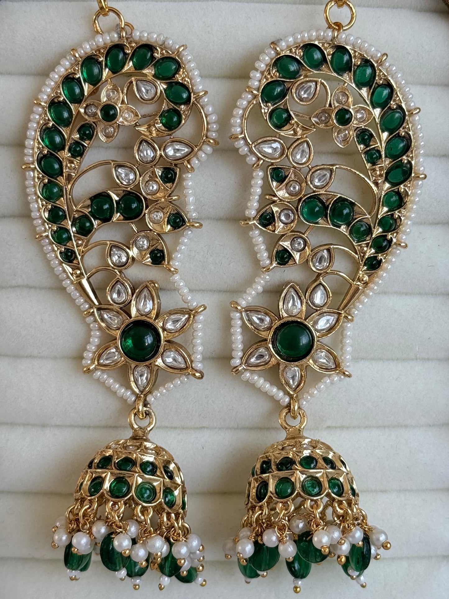 Ayura Designs Urisha Ear Climber Jhumkis – Emerald Green, Kundan & Pearl Detailing