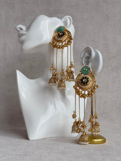Ayura Designs Shagan Earrings – Mint Green Statement Earrings with Multi Jhumki Drops, Pearl Detailing & Ghungroo Accents