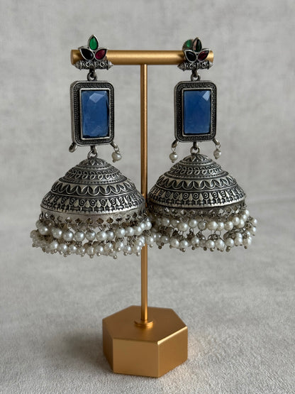 Ayura Designs Zeba Earrings – Oxidised Statement Jhumkis in Ink Blue & Multicolour Stones with Pearl Detailing