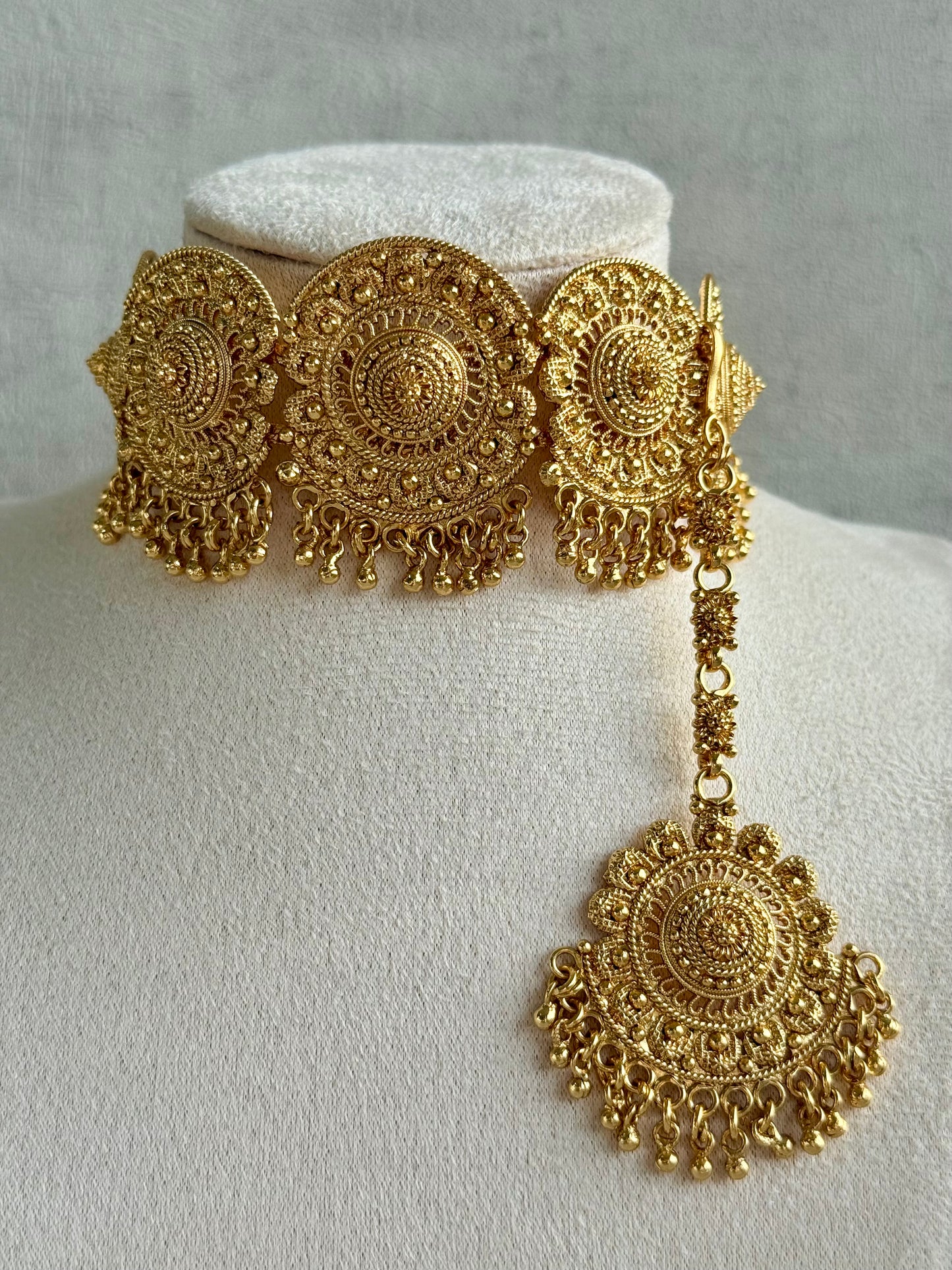 Ayura Designs Rami Choker Set with Earrings & Tikka – Antique Gold Medallions with Ghungroo Drops