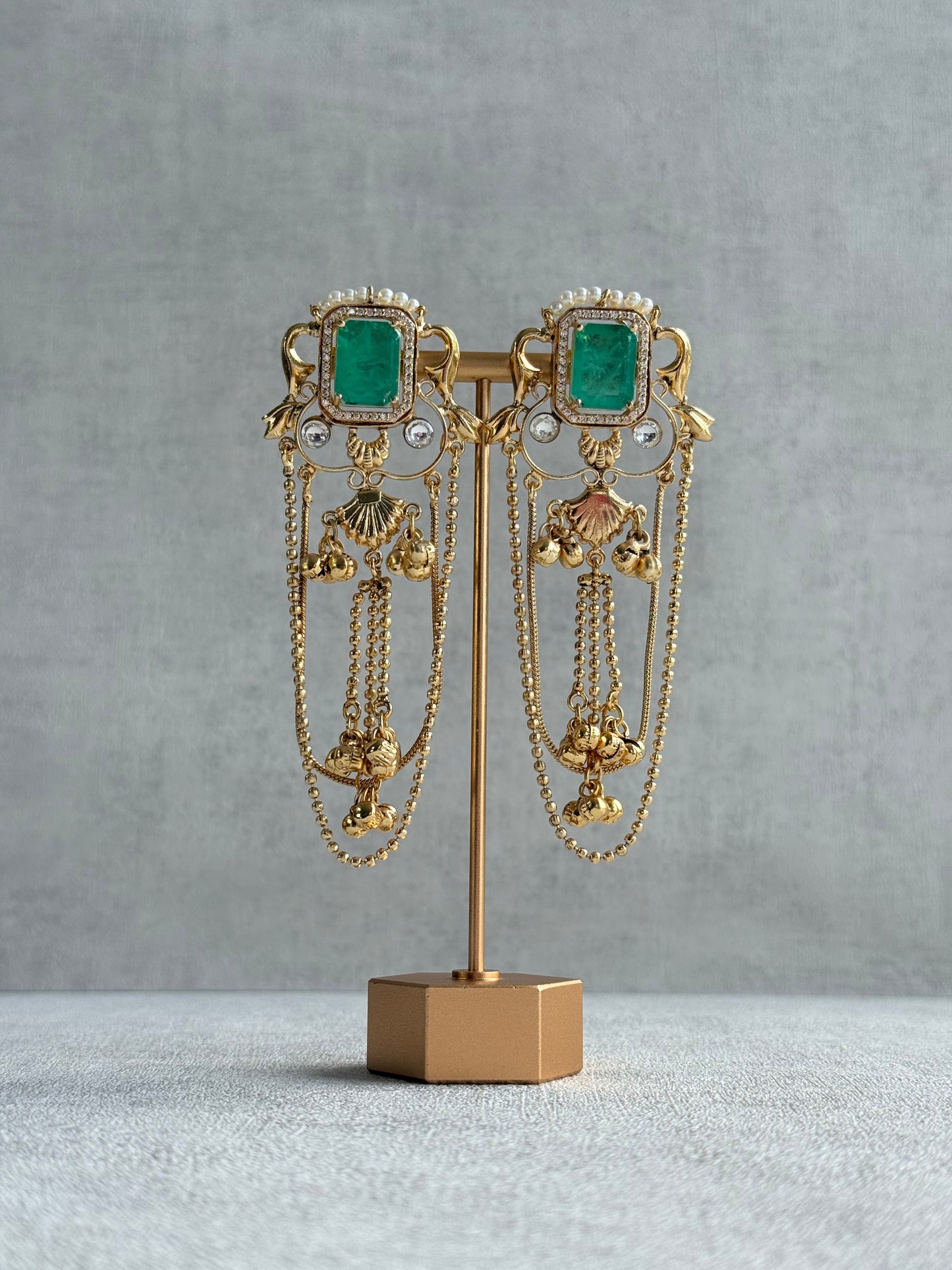 Ayura Designs Jaid Earrings – Jade Green Floral Motif with Layered Chains & Ghungroos
