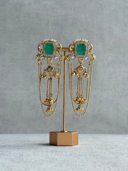 Ayura Designs Jaid Earrings – Jade Green Floral Motif with Layered Chains & Ghungroos