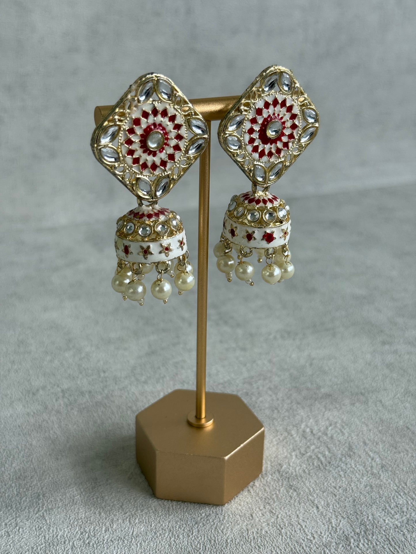 Ayura Designs Rangoli Jhumkis – Ivory & Ruby Red Meenakari with Pearl Drops in Antique Gold Finish