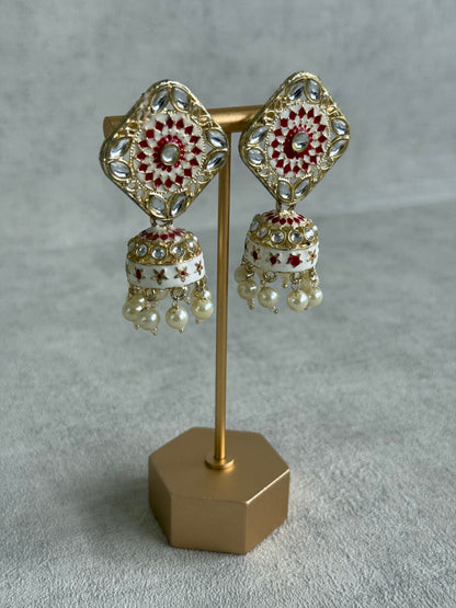 Ayura Designs Rangoli Jhumkis – Ivory & Ruby Red Meenakari with Pearl Drops in Antique Gold Finish