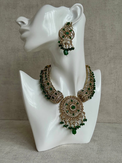 Ayura Designs Aleeza Set with Jhumkis & Tikka – Antique Finish with Champagne Polki Stones, Emerald Detailing & Beaded Drops