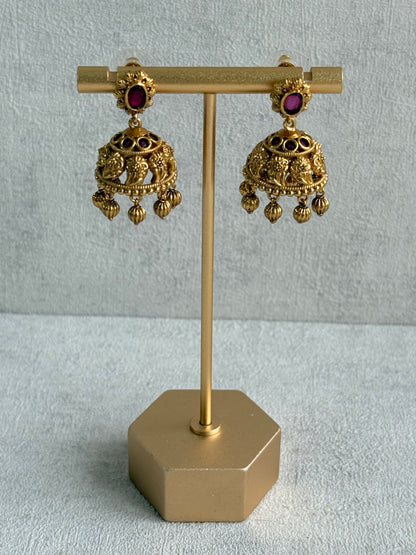 Ayura Designs Savya Jhumkis – Rani Pink Stones, Floral Motifs & Antique Gold Finish