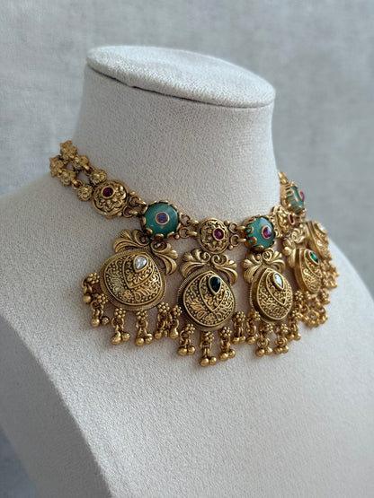 Ayura Designs Alera Set with Necklace & Earrings – Peacock Green and Rani Pink with Antique Gold Ghungroo Detailing