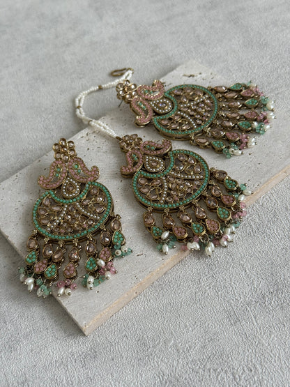Ayura Designs Anvi Tikka Set with Earrings – Blush Pink & Mint Green with Champagne Stones & Pearl Drops