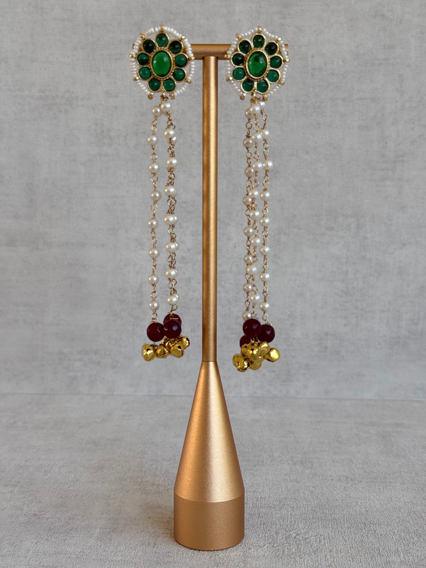 Ayura Designs Noorzar Earrings – Duster Earrings with Emerald Green Stones, Ruby Red Beads & Pearl Chains