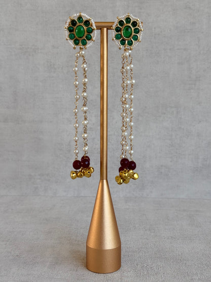 Ayura Designs Noorzar Earrings – Duster Earrings with Emerald Green Stones, Ruby Red Beads & Pearl Chains