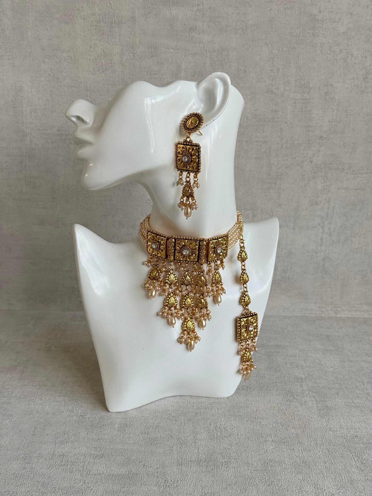 Ayura Designs Nimrah Choker Set with Earrings & Tikka – Ivory Pearl Gold Tone Waterfall Jewellery Set